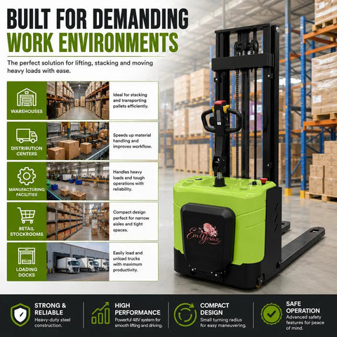 Heavy-Duty Electric Stand-On Pallet Stacker With Two-Stage Mast And 1.5-Ton Capacity in a warehouse environment for efficient material handling.