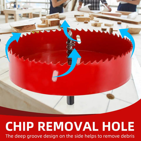 Six And One Eighth Inch Hole Saw Kit for Wood and Plywood with HSS Bi Metal Cutter and Pilot Drill Bit, red cutter close-up