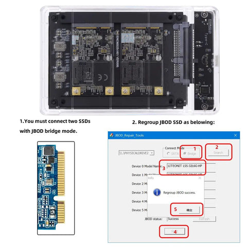 Dual MSATA SSD To USB 3.0 Type C Adapter With JBOD Raid 0 Mode And 2.5 Inch SATA Combo Enclosure diagram showing connection and software setup.