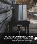 B5350A Propane Burner Cooker Heavy Duty Outdoor Stove with steel pot on wooden deck, showing steel braided regulator hose