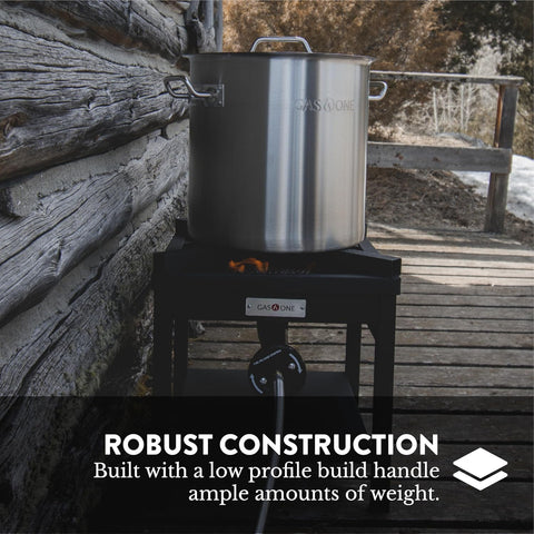 B5350A Propane Burner Cooker Heavy Duty Outdoor Stove with steel pot on wooden deck, showing steel braided regulator hose
