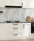 30 Pack Matte Black Cabinet Pulls 6-1/4 Inch Square Bar Stainless Steel Handles For Kitchen Cupboards And Dressers installed on white kitchen cabinets