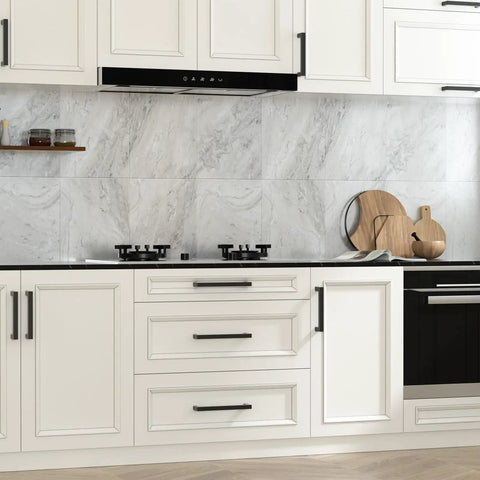 White kitchen with 30 Pack Black Square Bar Cabinet Pulls Stainless Steel Modern Hardware For Kitchen And Bathroom Cabinets Center To Center Six And A Quarter Inch Hollow Lightweight Durable Cupboard Handles on cabinets