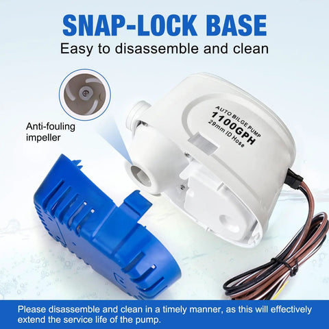 Automatic Submersible Bilge Water Pump 12V 1100GPH With Built In Float Switch, snap-lock base, easy disassembly, blue casing