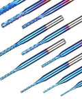 Ten blue-coated nano end mills for CNC router, 0.8–3 mm sizes, 1/8 in shank