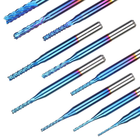 Ten blue-coated nano end mills for CNC router, 0.8–3 mm sizes, 1/8 in shank