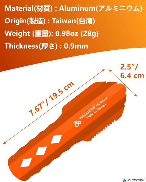 Backpacking Trowel Aluminum Shovel With Longer Handle For Ultralight Hiking And Camping, showing dimensions and material