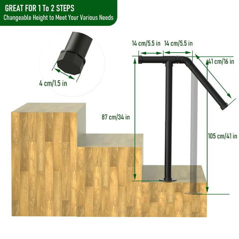 Image showing Heavy Duty Wrought Iron Stair Railing Handrails For Outdoor Steps Single Post Design measurements for 1 to 2 steps.