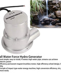 Portable Micro Hydroelectric Generator For Outdoor Use On The Go, metal casing, visible wiring, stream in background for 12V battery charging
