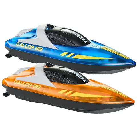 Rad Two Pack Remote Control Boat for Pools and Lakes Night Racing LED RC Boat for Kids and Adults Fully Waterproof Includes Four Rechargeable Batteries Safe Auto Power Off When Out of Water, blue and orange boats