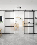 Two 36 Inch By 84 Inch Frosted Glass Barn Door Panels With Top Mounted Hardware And Soft Close Kit 72 Inch By 84 Inch Interior Sliding Glass Door In Black Carbon Steel Frame Dope Sleek Look, installed view
