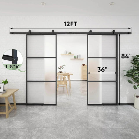 Two 36 Inch By 84 Inch Frosted Glass Barn Door Panels With Top Mounted Hardware And Soft Close Kit 72 Inch By 84 Inch Interior Sliding Glass Door In Black Carbon Steel Frame Dope Sleek Look, installed view