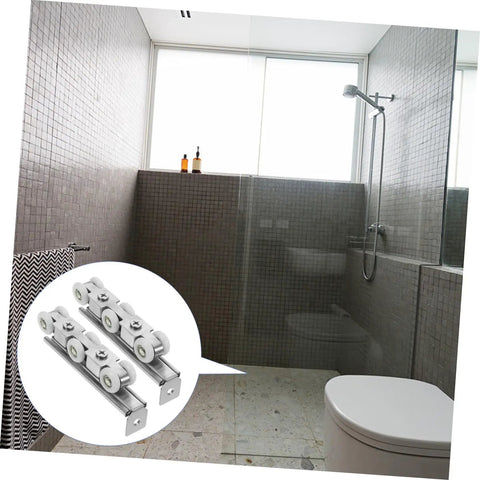Smooth Glide Sliding Barn Door Track Kit Manganese Steel Wheels Heavy Duty Hardware Set in a modern bathroom setting.