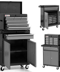 7 Drawer Tool Chest On Wheels, 40 Inch Rolling Metal Toolbox With Detachable Top, Sturdy Garage Storage Cabinet For Home Workshop, Includes Hooks, Liners, Tray Divider, Heavy Duty Black, open doors and drawers