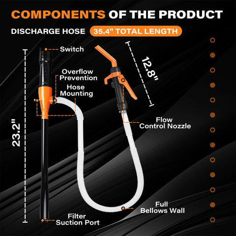 Heavy Duty Battery Powered Fuel Transfer Pump Discharge Hose Components with 35.4" Length for Gasoline and Diesel