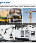 Applications of Sealed TZ-6001 Limit Switch Pack of 2 in industrial automation, including material handling and CNC machinery.