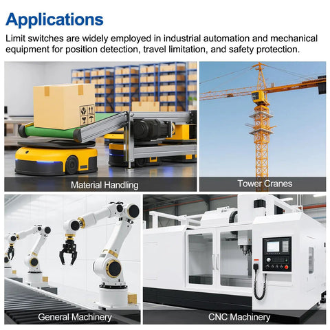 Applications of Sealed TZ-6001 Limit Switch Pack of 2 in industrial automation, including material handling and CNC machinery.
