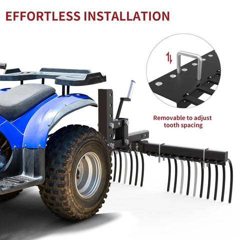 Workhorse Heavy Duty ATV UTV Landscape Rake Tool for rock, grass clumps, and debris cleanup attached to ATV with adjustable settings