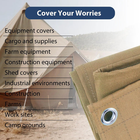 Durable Tough As Nails Canvas Tarps 6x8 Feet Waterproof Tarpaulins with aluminum grommets on campgrounds background
