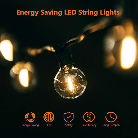 Close-up of Ultra Long G40 Outdoor String Lights 200Ft With 105 Shatterproof LEDs 5 Spare Waterproof Patio Lighting glowing at night.