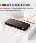 Sixteen Port Gigabit Unmanaged Ethernet Switch With Plug And Play Setup, Fanless Metal Design displayed on a white platform