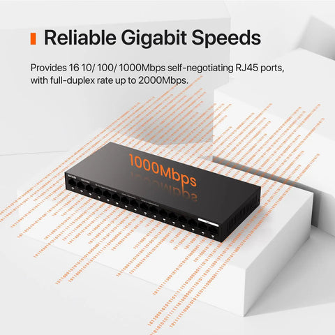 Sixteen Port Gigabit Unmanaged Ethernet Switch With Plug And Play Setup, Fanless Metal Design displayed on a white platform