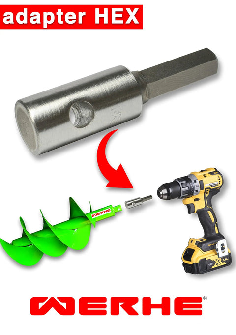 Earth Drill Adapter For Cordless Drills And Augers That Grips No Slip Hex And Keyless Chucks with drill and auger illustration
