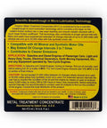 Back label of Metal Treatment Concentrate Oil Additive MTC Half Quart Bottle, industrial grade for auto, marine, engines.