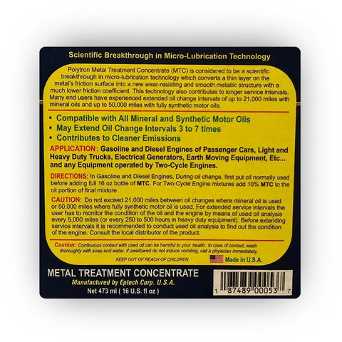 Back label of Metal Treatment Concentrate Oil Additive MTC Half Quart Bottle, industrial grade for auto, marine, engines.