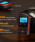 64GB Clip MP3 Player With Bluetooth Five Point Three For Running Voice Recorder FM Radio AB Repeat Shuffle And Resume Playback Micro SD Expansion To 128GB Red Portable Design showing screen, buttons, and features