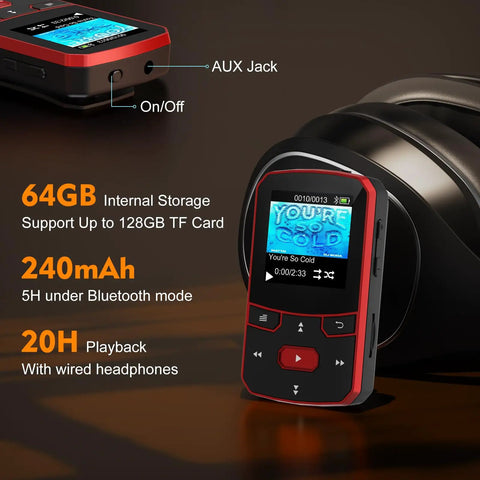 64GB Clip MP3 Player With Bluetooth Five Point Three For Running Voice Recorder FM Radio AB Repeat Shuffle And Resume Playback Micro SD Expansion To 128GB Red Portable Design showing screen, buttons, and features