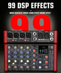 8-Channel Audio Mixer With 99 DSP Effects And 48V Phantom Power For DJs And Producers front view displaying controls and inputs