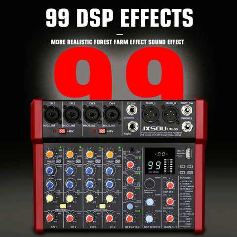 8-Channel Audio Mixer With 99 DSP Effects And 48V Phantom Power For DJs And Producers front view displaying controls and inputs