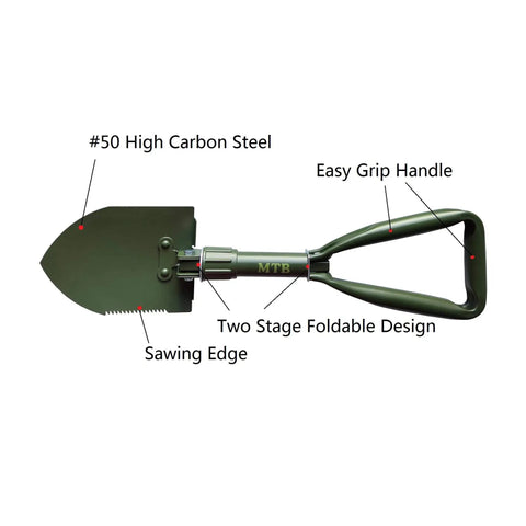 Beefy Folding Camping Shovel With Wood Saw Edge, High Carbon Steel Entrenching Tool, 18.3 Inch, Green, Multi Function Survival Shovel