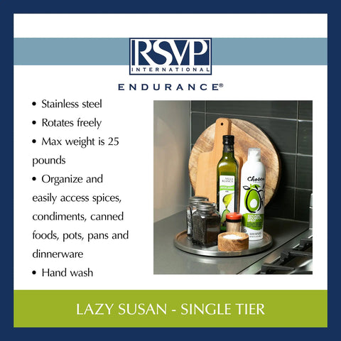 Slick Brushed Stainless Steel Lazy Susan Turntable Is A Game Changer For Pantry And Fridge Storage Smooth Swivel Kitchen Cabinet Spinner on countertop with jars and oils.