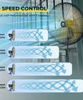 4-speed control of 30 Inch Brushless DC Industrial Oscillating Wall Mount Fan with remote control and energy savings.