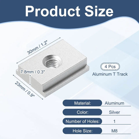 Aluminum T Track 1.2 Inch M8 Slot Slider For Router Table And Miter Saw Fixtures, Double Cut Pre Drilled Mount Holes, 4 Pack Silver T Slot Rail For Woodworking And Crosscut Sled Pro Grade Heavy Duty Easy Mount, 30mm x 23mm x 7.8mm