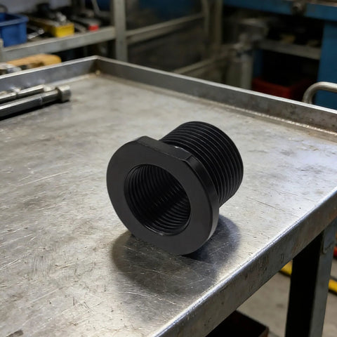 Ficero thread protector adapter, black steel, 1/2-28 to 5/8-24 conversion with crush washer.