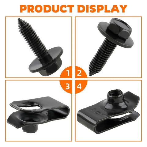 One Quarter Inch Body Fastener Kit With Twenty Five Bolts And Twenty Five U Nut Clips For Fender Engine Cover And Splash Shield Black Phosphate Coated Indented Hex Head With Free Spinning Washer Ideal For Car Bumpers Furniture And More on display with close-up of bolts and U-nuts.