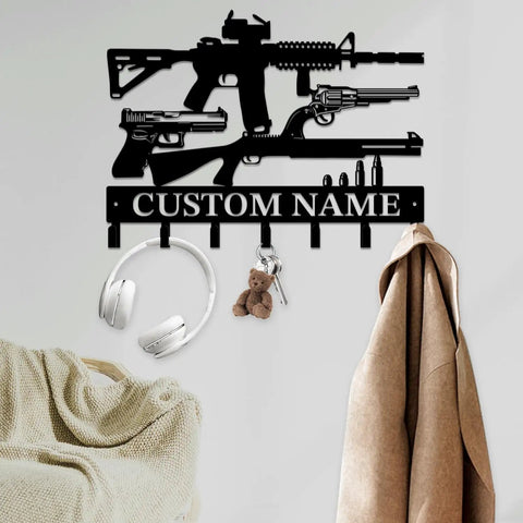 Gun Theme Wall Hooks For Keys And Clothes Personalized Cast Iron Key Holder And Coat Hanger in matte black decor