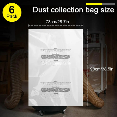 Clear Plastic Dust Collector Bags For 70 And 35 Gallon Systems, heavy duty bag shown with size measurements and text details