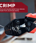 Heavy Duty Wire Rope Crimping Tool With Built In Cutter for cable railing and decking in use, showing jaw and crimping detail.