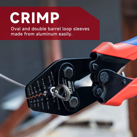 Heavy Duty Wire Rope Crimping Tool With Built In Cutter for cable railing and decking in use, showing jaw and crimping detail.