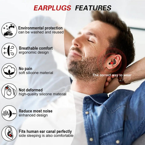 Man wearing Soft Silicone Sleeping Ear Plugs, Reusable Noise Reduction Earplugs Pack, 2 Pairs, NRR 25 to 33 dB, shown for comfort.