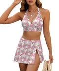 Two Piece Swimsuit Set For Women With Short Skirt Green Leaves And Pink Flamingo Floral Print Quick Dry Beachwear