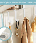 Heavy Duty Adjustable Over Door Hooks securing a coat and bags, showcasing their use on a panel with a coin gap for door closure.