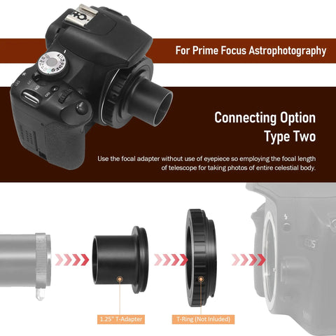 Connecting a Beginner Friendly 1.25 Inch Telescope Camera Adapter Kit With Variable Projection Tube For Prime Focus And Eyepiece Projection Astrophotography With Refractors Or Reflector Telescopes to a camera.
