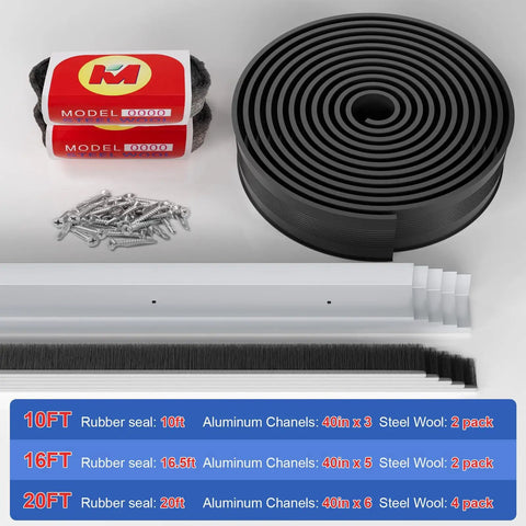 Heavy Duty Garage Door Seal Kit With Rubber Bottom Seal Rodent Proof Steel Wool Aluminum Track Retainer Base With Brush Seal Universal Weather Stripping 16.5ft Easy Install Zaps Drafts And Bugs components displayed with rubber seal, screws, and aluminum tracks