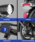 Folding Electric Bike For Adults And Teens, 750W Peak Motor, close-up of headlamp, taillight, dashboard, and front fork damping.
