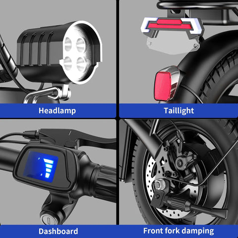 Folding Electric Bike For Adults And Teens, 750W Peak Motor, close-up of headlamp, taillight, dashboard, and front fork damping.